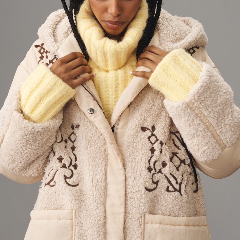 Anthropologie Pilcro Embroidered Hooded Sherpa Coat NWT XXS